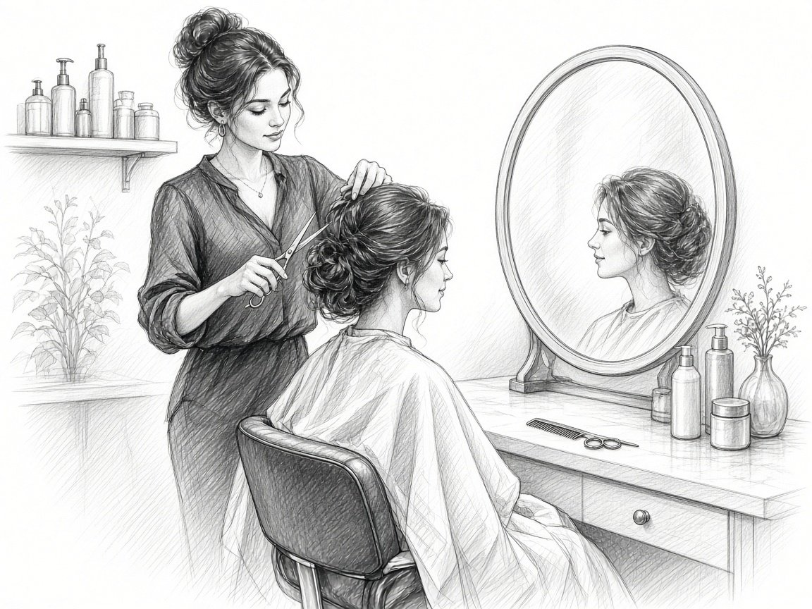 Beauty salon pencil sketch of stylist and client