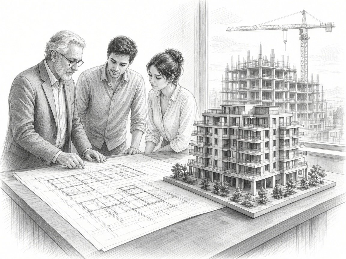 Real estate pencil sketch of developers reviewing building plans