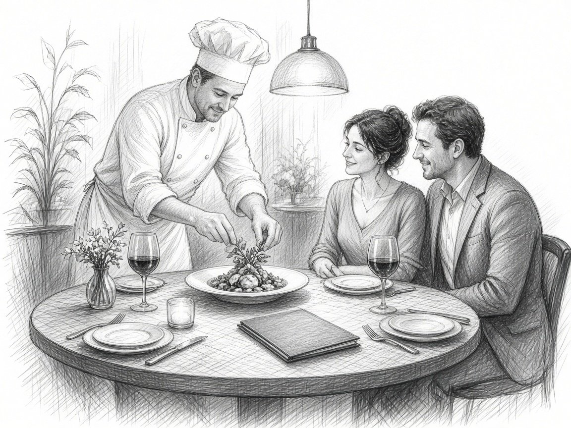 Chef plating a dish for restaurant guests